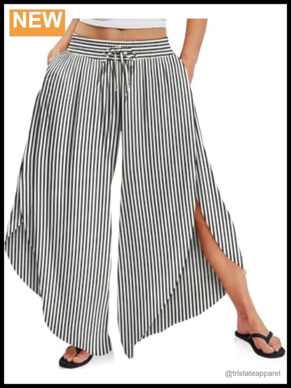 Linen Striped Wide Leg Palazzo Cropped Pants Side Slit Hem Drawstring